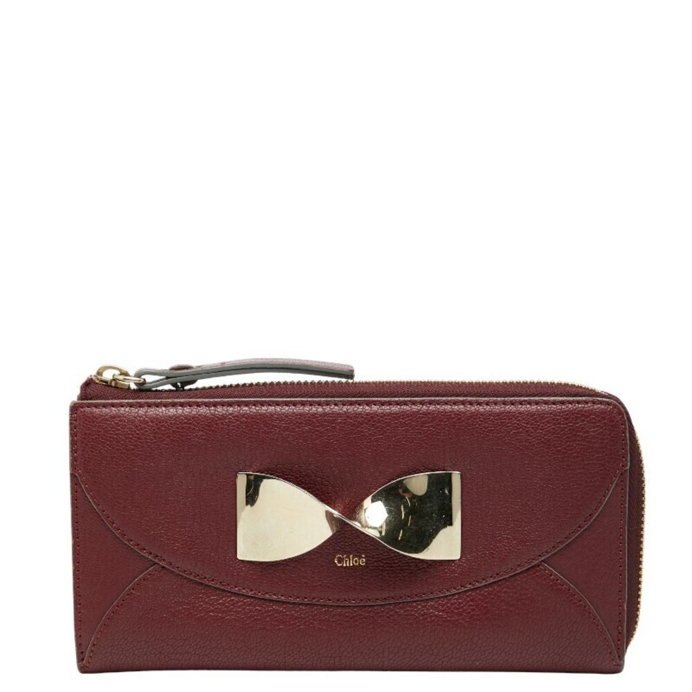Chloe Ribbon L shaped Zipper Long Wallet Wine Red Bordeaux Purple Brown Leather